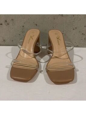 Athlefit Tan and Clear Block Heel Sandal - Size 6.5